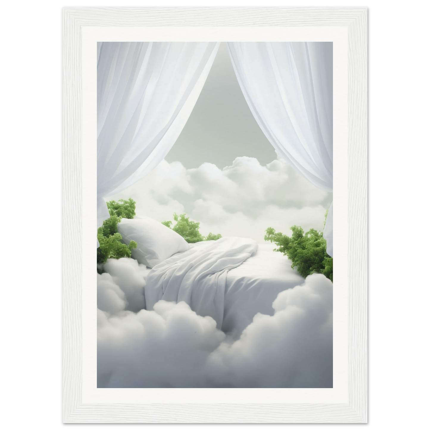 A white frame with a picture of a waterfall in the clouds