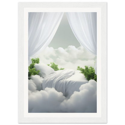 A white frame with a picture of a waterfall in the clouds