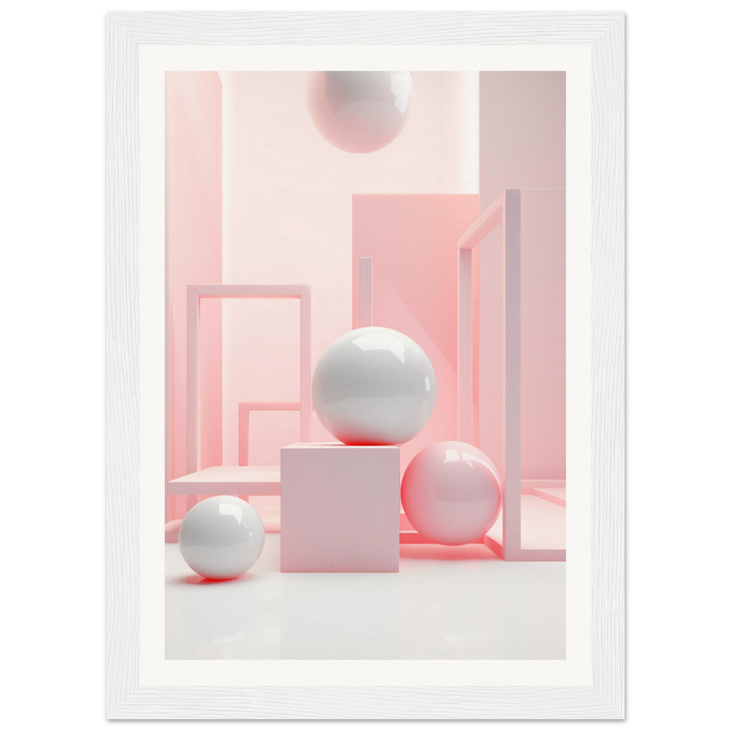 A white frame with a pink and white abstract painting