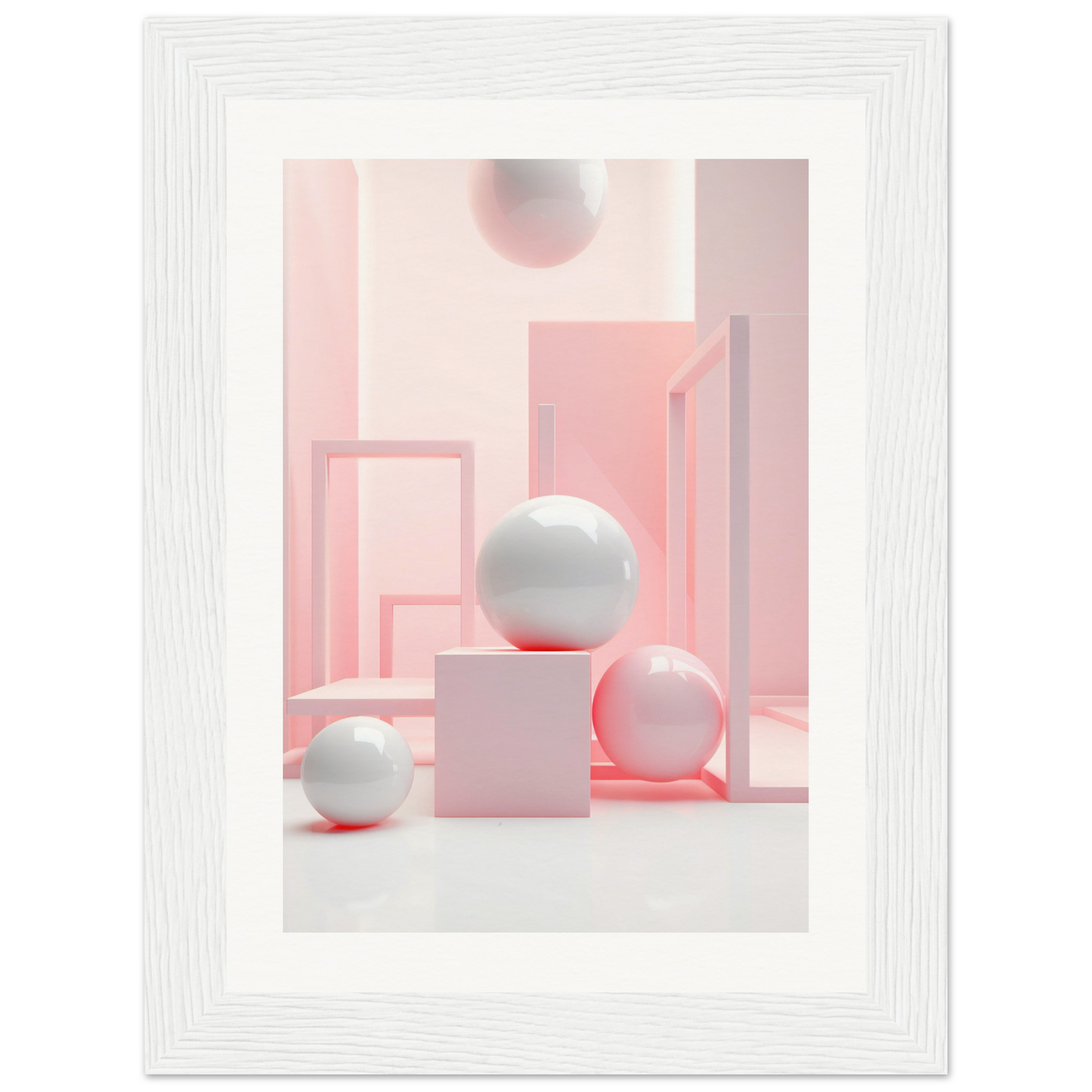 A white frame with a pink background and a white sphere