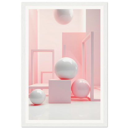 A white frame with a pink background and white balls