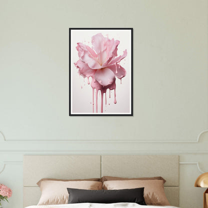 Framed watercolor painting of a pink rose with dripping paint effect.