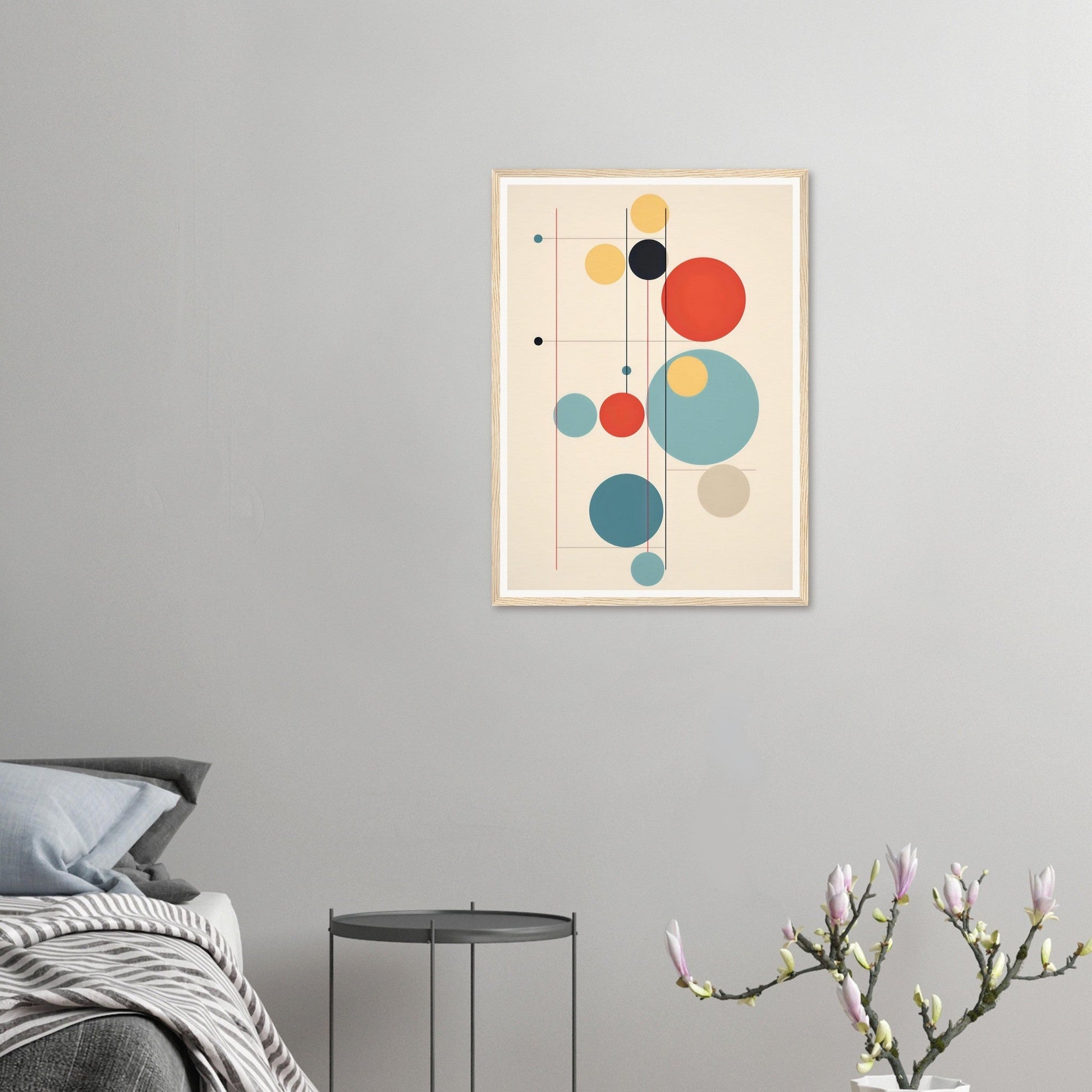 Abstract geometric artwork featuring colorful circles and lines on a light background.