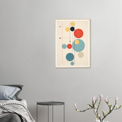 Abstract geometric artwork featuring colorful circles and lines on a light background.