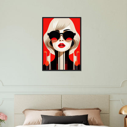 A Hey Honey The Oracle Windows™ Collection of a woman with sunglasses on a red background, perfect for my wall as fashion wall art.