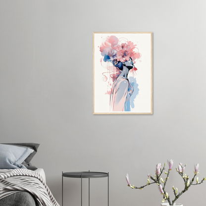 Watercolor painting of a figure with pink and blue abstract elements forming the head and upper body.