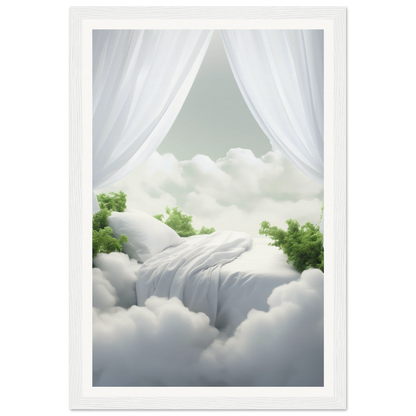 A white framed print with a white curtain and a green tree in the sky