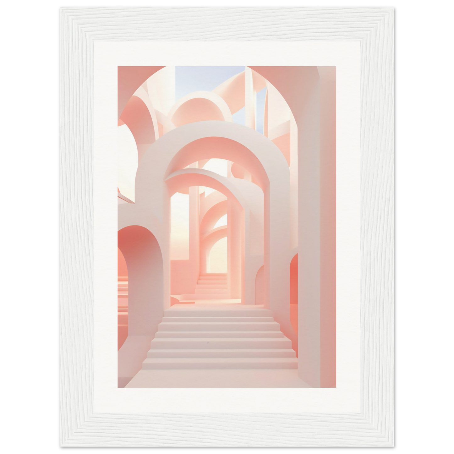 A white framed print with a pink and white geometric pattern