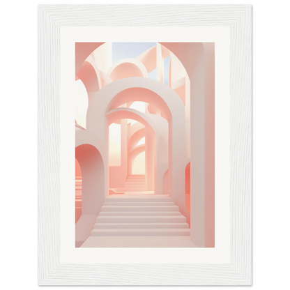 A white framed print with a pink and white geometric pattern