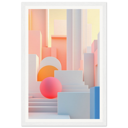 A white framed print with a pink sphere in the middle