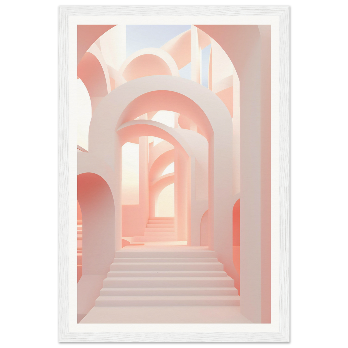 A white framed print with a pink and white background