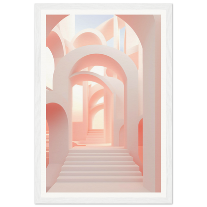 A white framed print with a pink and white background