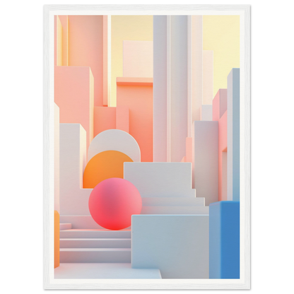 A white framed print with a pink sphere in the middle of the image