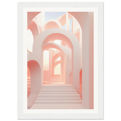 A white framed print with a pink and white geometric pattern