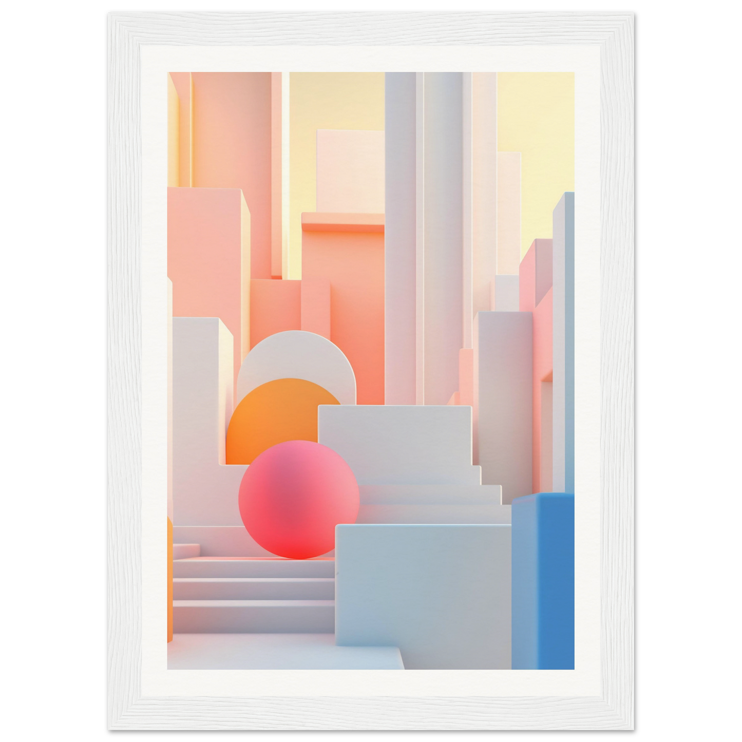 A white framed print with a pink sphere in the middle