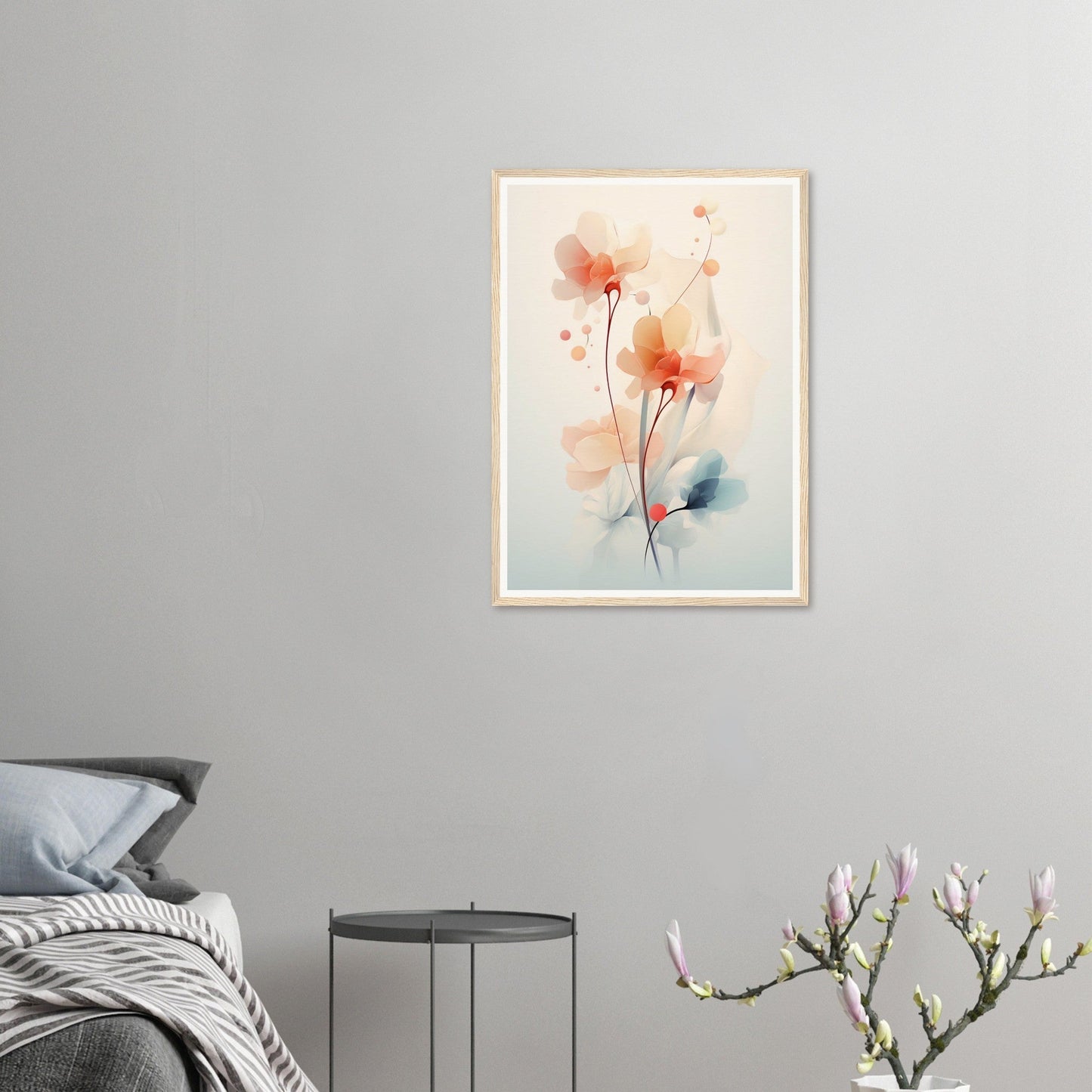 Framed watercolor painting of delicate orange flowers with stems.