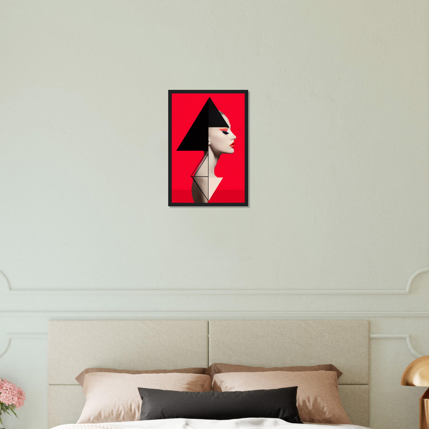 Framed artwork featuring a stylized profile portrait with geometric elements on a vibrant red background.