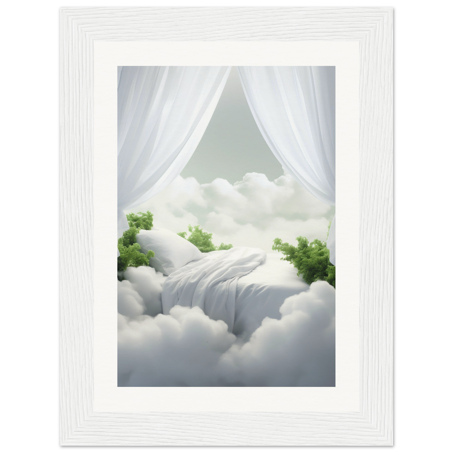 A white picture frame with a waterfall in the clouds