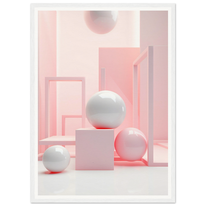 A white and pink abstract painting with a white sphere on top