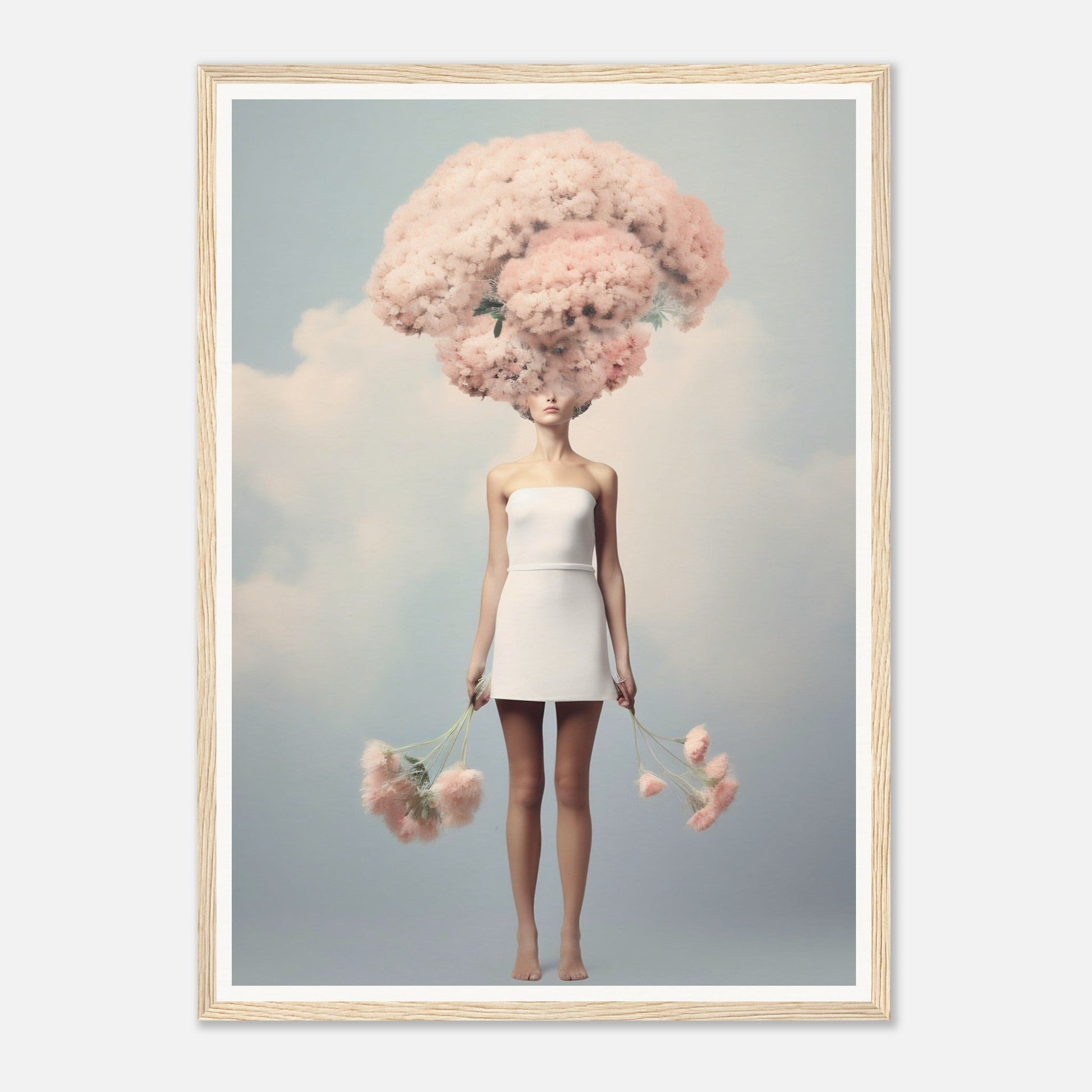 Surreal figure with cotton candy-like pink cloud for a head, wearing a white mini dress.