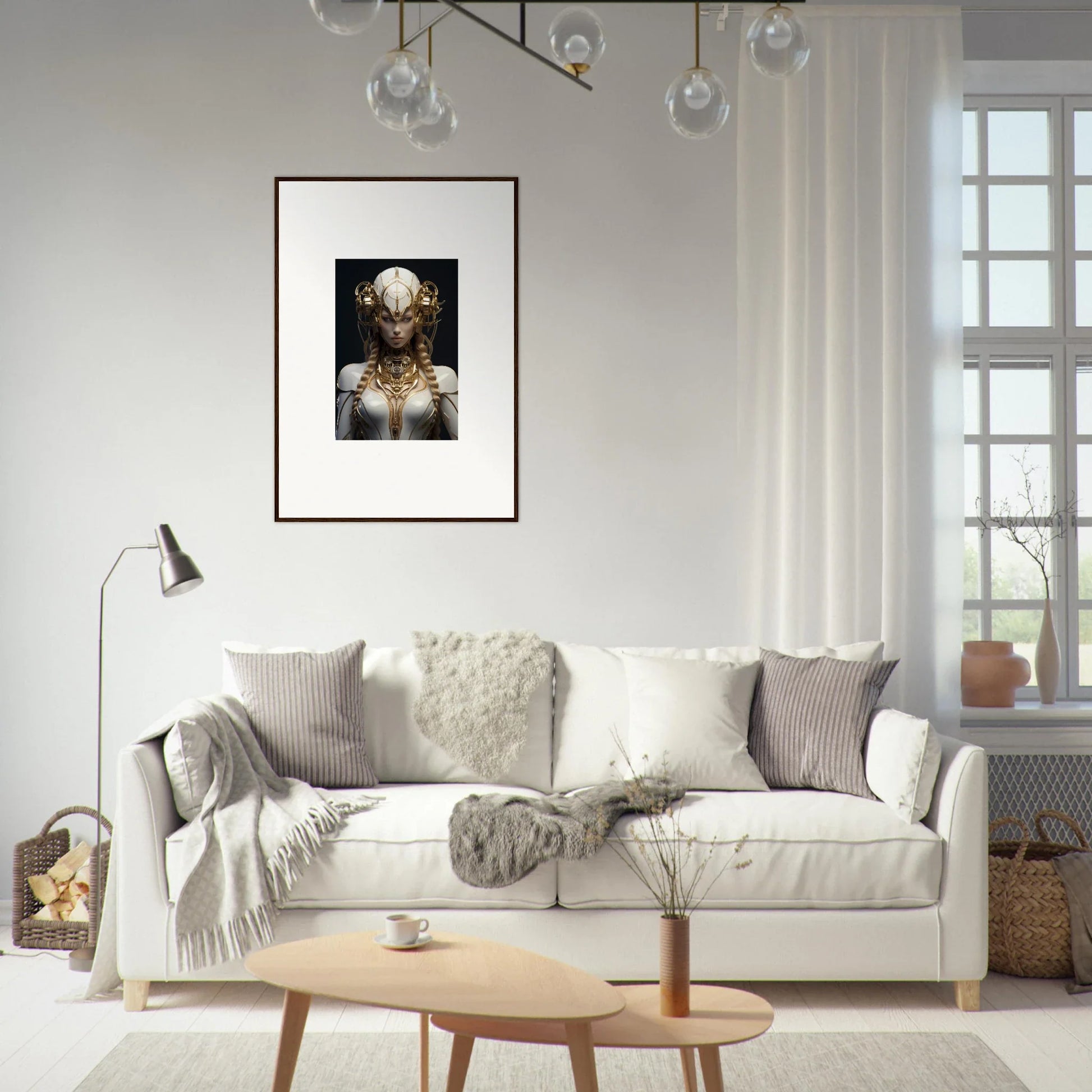 White sofa with gray and white pillows, perfect for Gilded Cosmos room decor