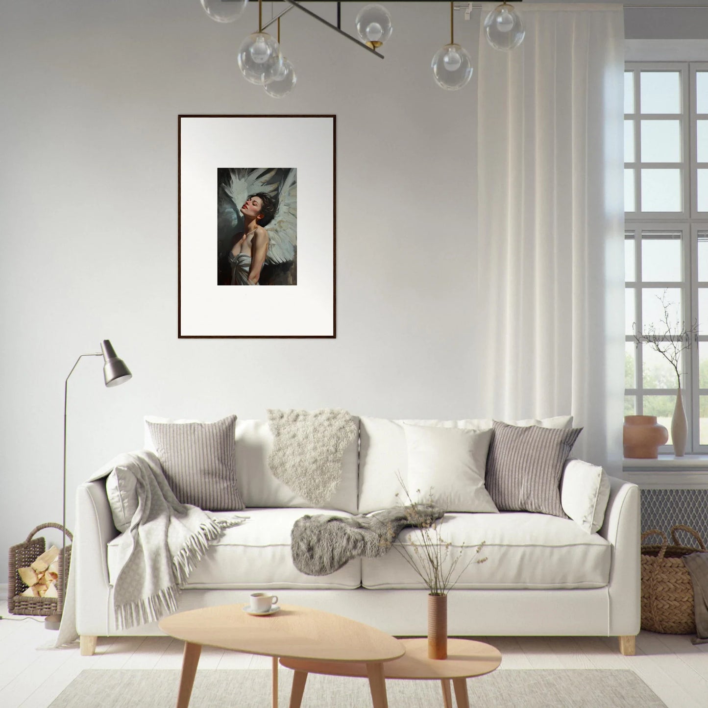 White sofa with gray and cream pillows elevates room decor with feathered elegance