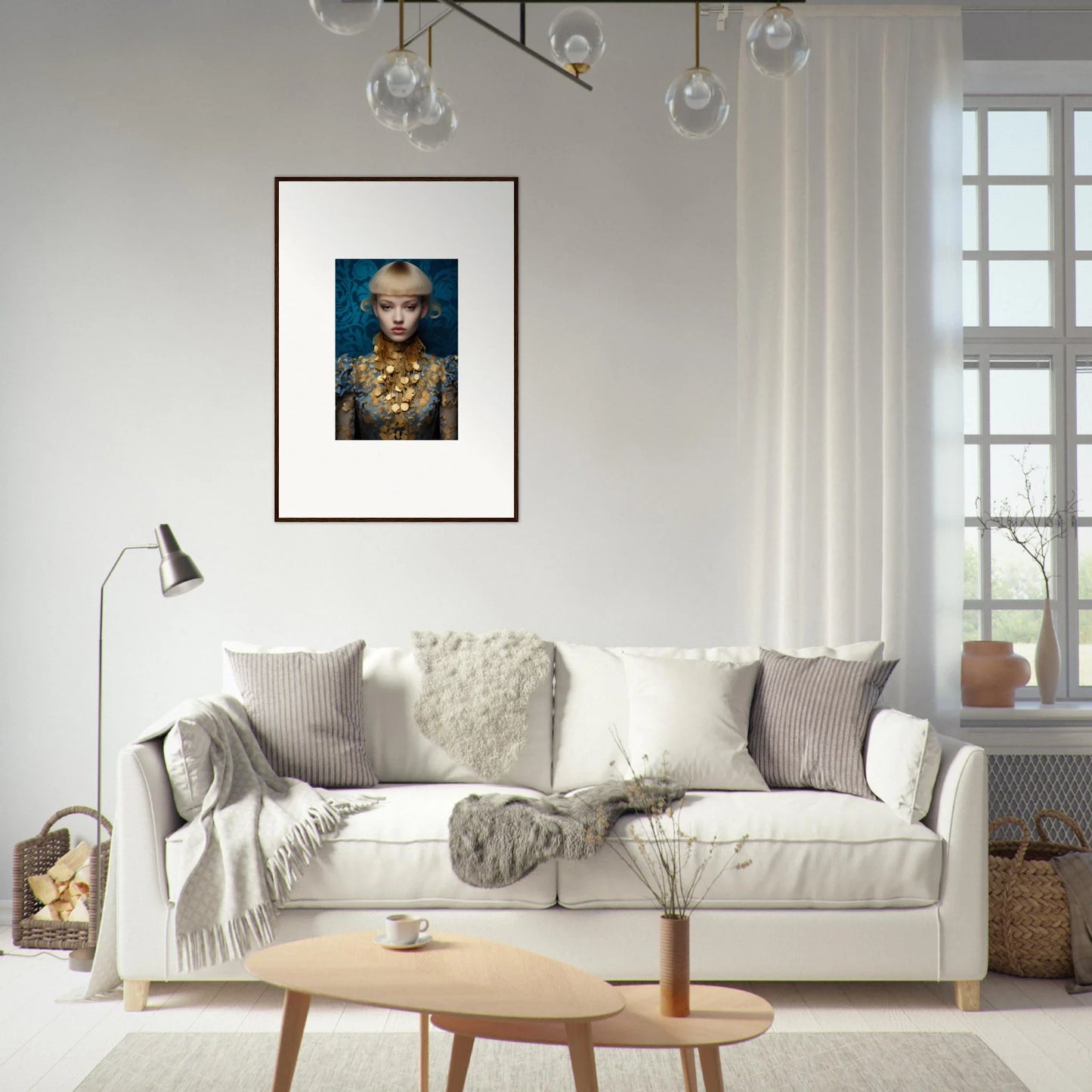 White sofa with gray and white pillows enhancing Ethereal Delicate Blossom room decor