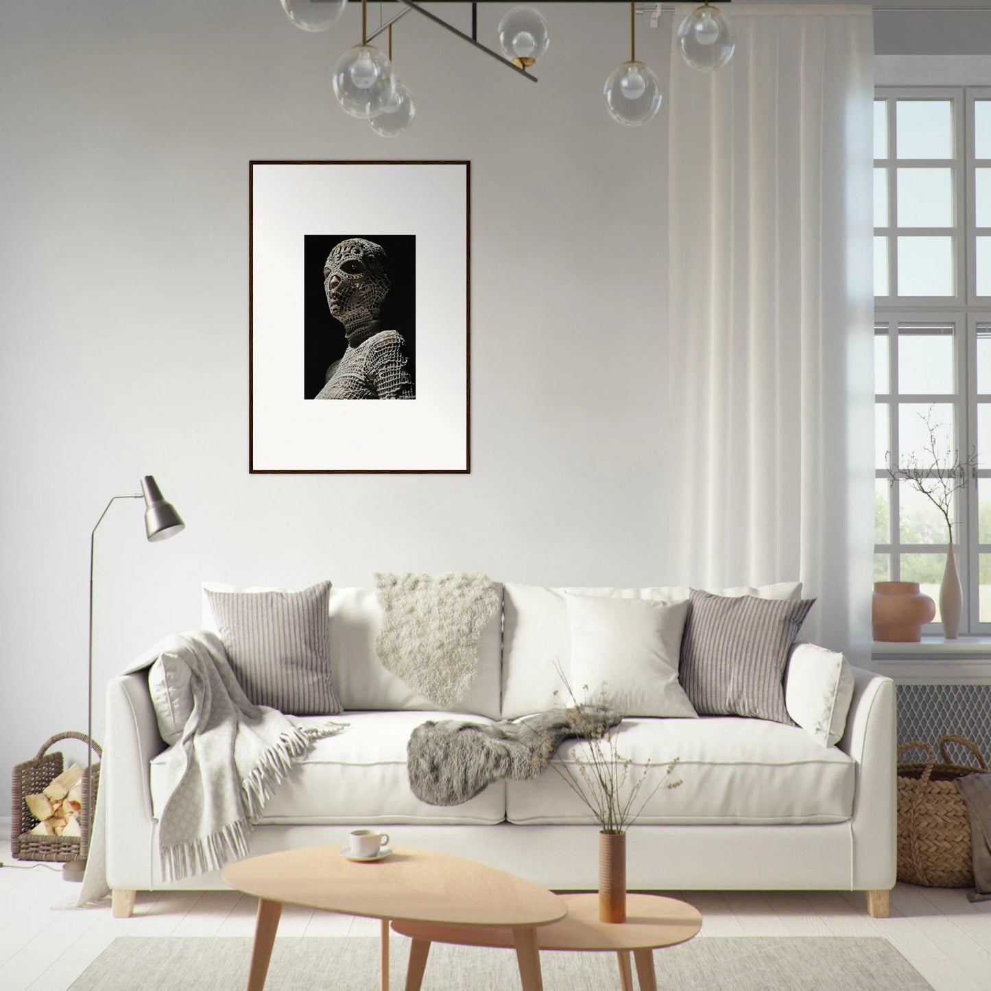 White sofa adorned with various throw pillows and blankets.