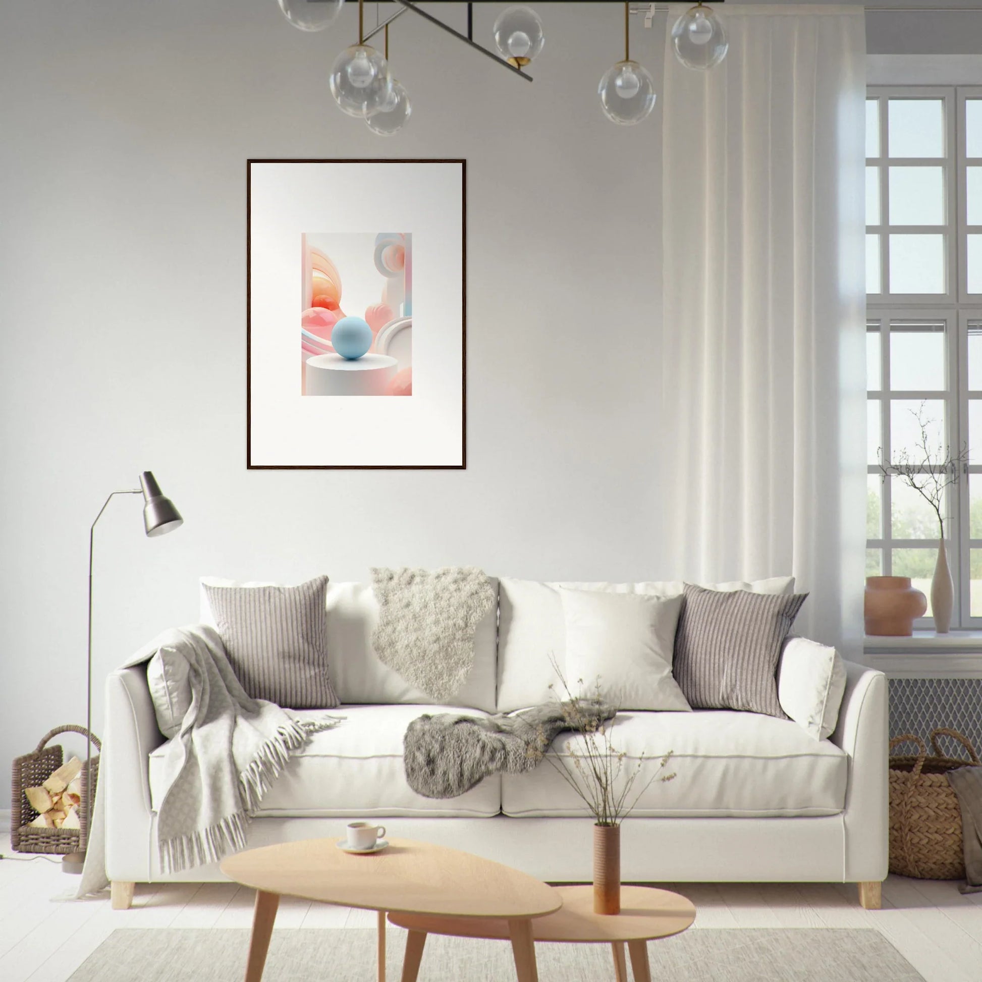 White sofa with gray pillows perfect for cosmic timeless room decor and framed wall art