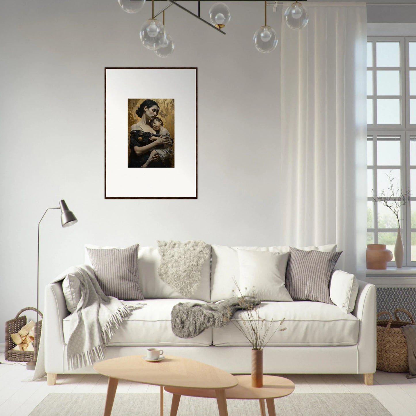 Stylish White Sofa with Gray and White Pillows in Cozy Room Decor featuring Protector Diptych