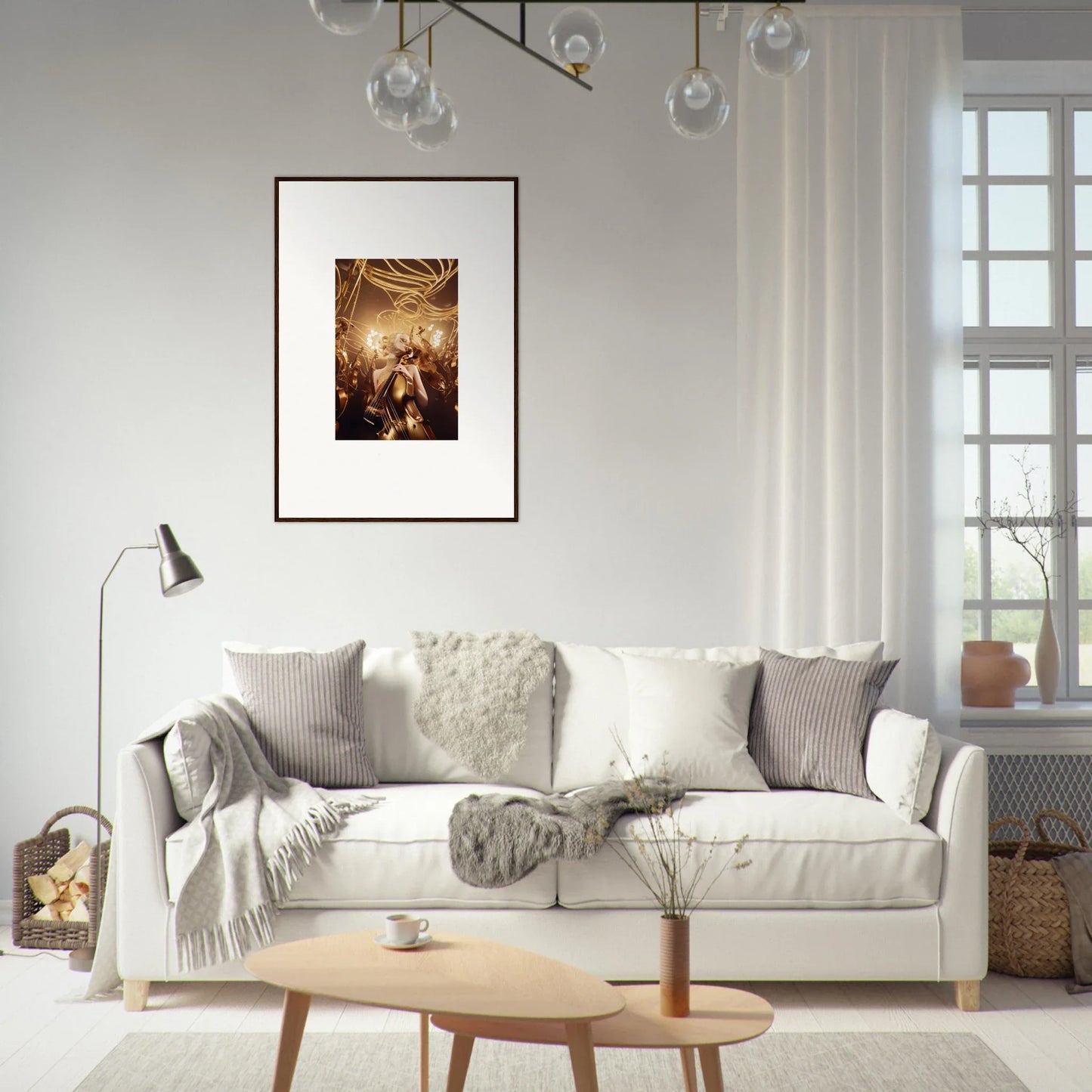 White sofa adorned with gray and white pillows, perfect for Harmony Enigma room decor