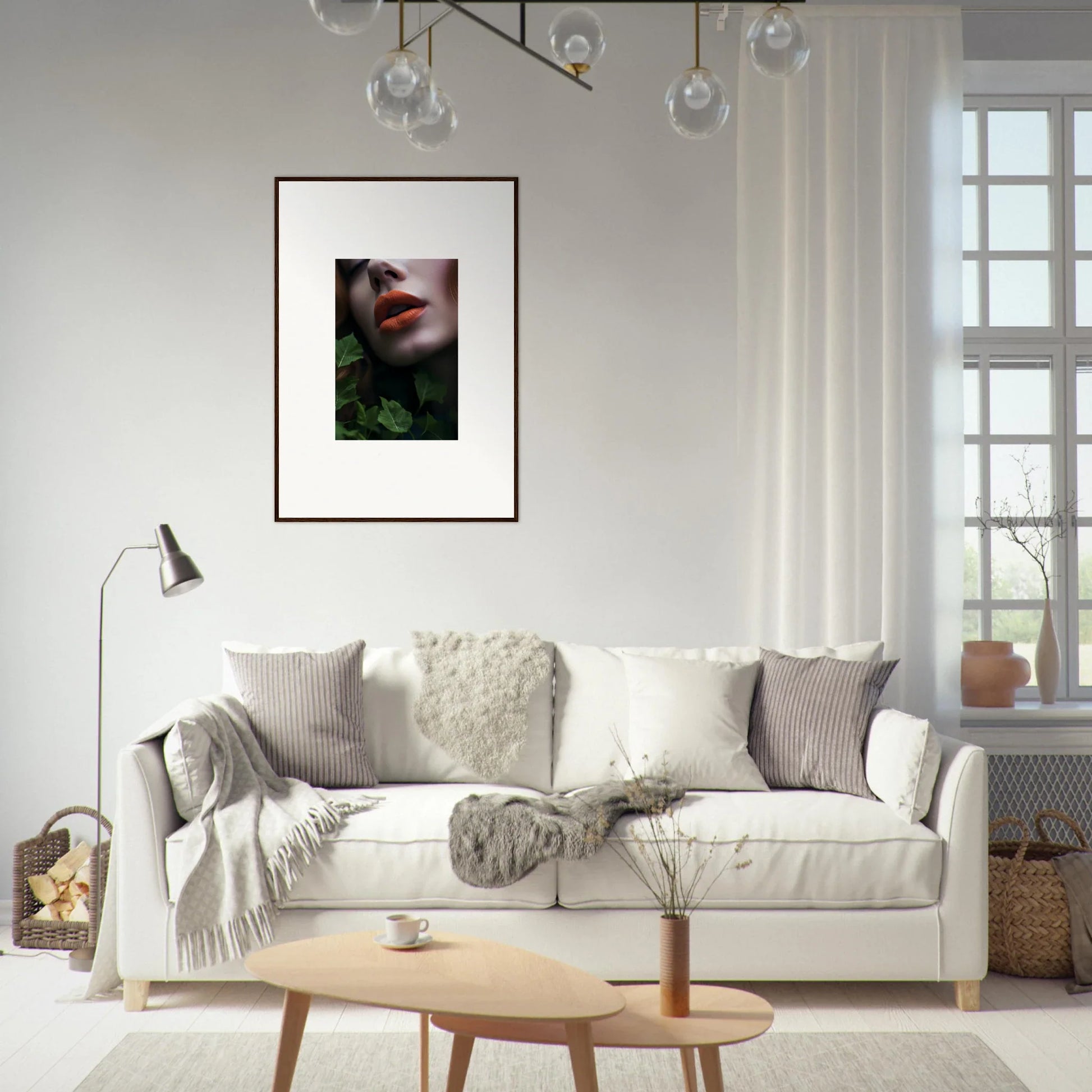 White sofa with throw pillows and blankets, perfect for a Leaf Symphony room decor