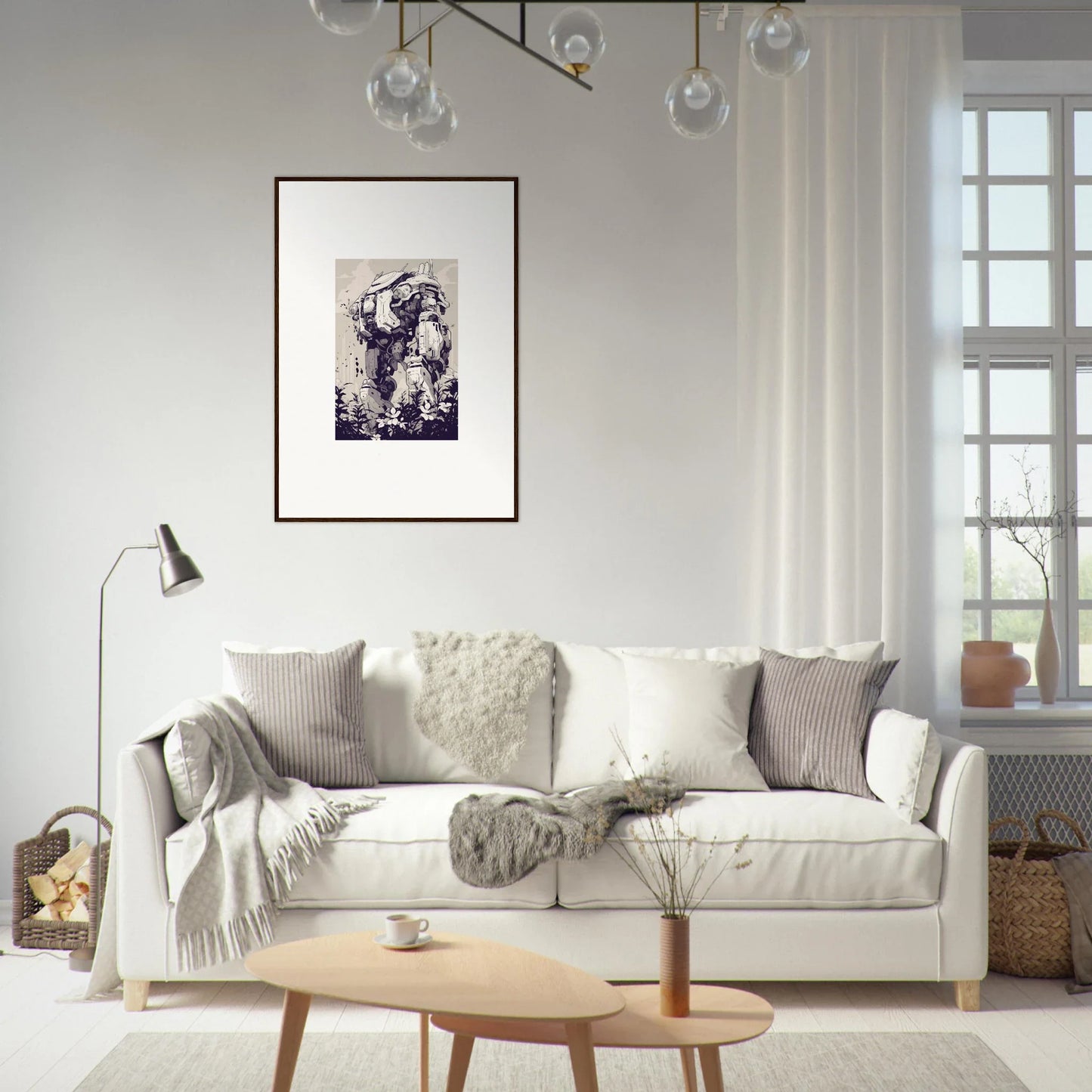 Cozy White Sofa with Throw Pillows and Blankets for Elegant Room Decor with Steel Harbinger