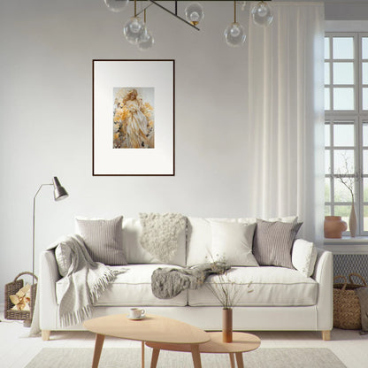 White sofa with pillows and blankets for a cozy Ethereal Blossom Sway room decor