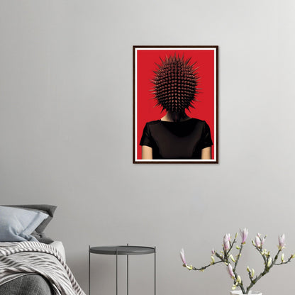 Framed poster featuring a silhouette with spiky hair against a red background.