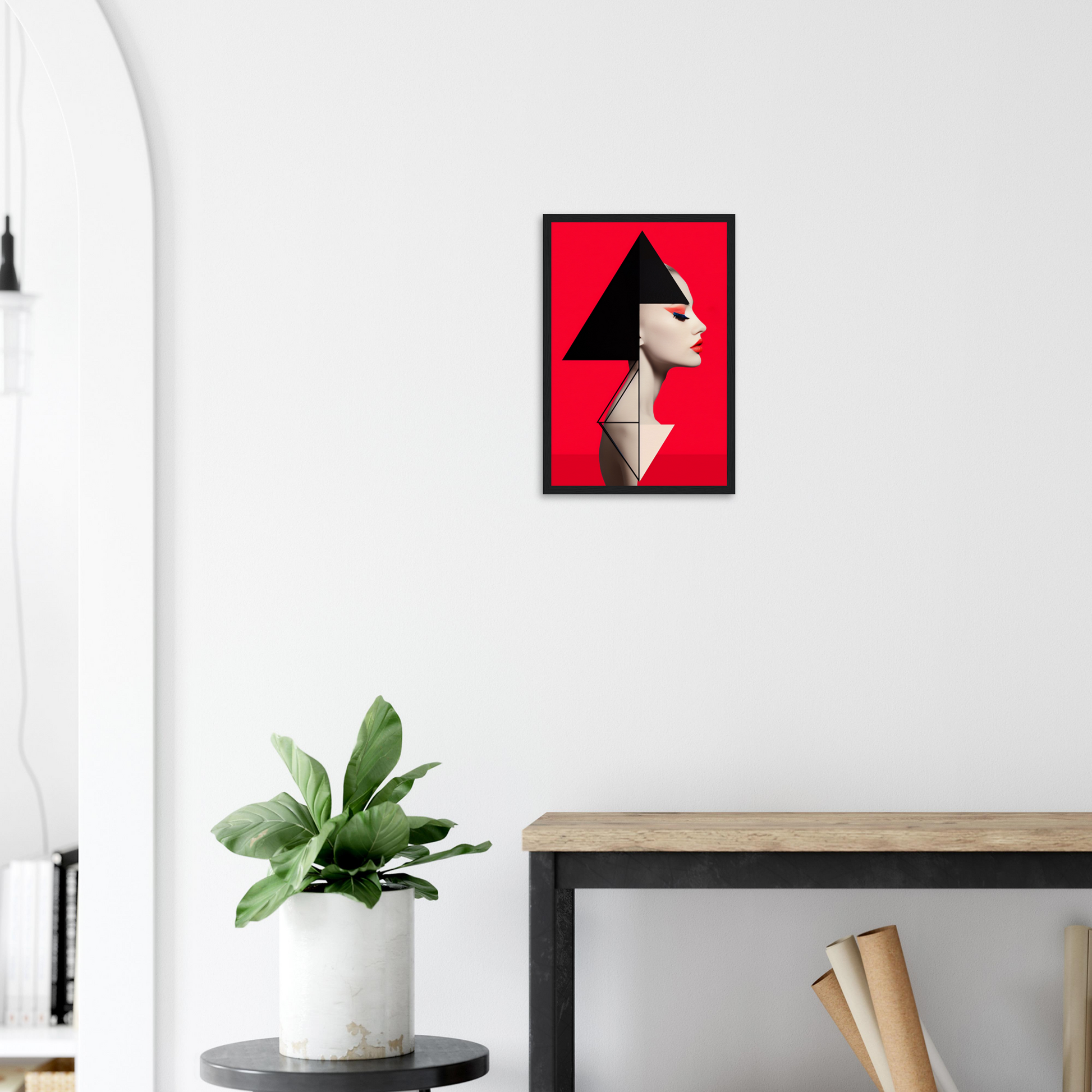 Framed abstract art print featuring a geometric profile against a vibrant red background.