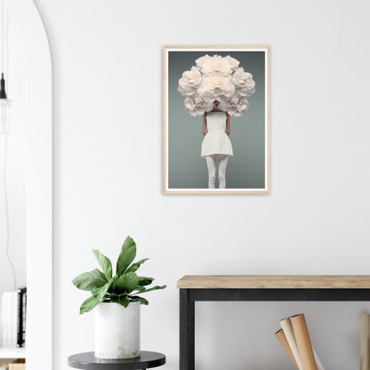 Framed surrealist artwork depicting a figure with a massive floral headdress obscuring their head.