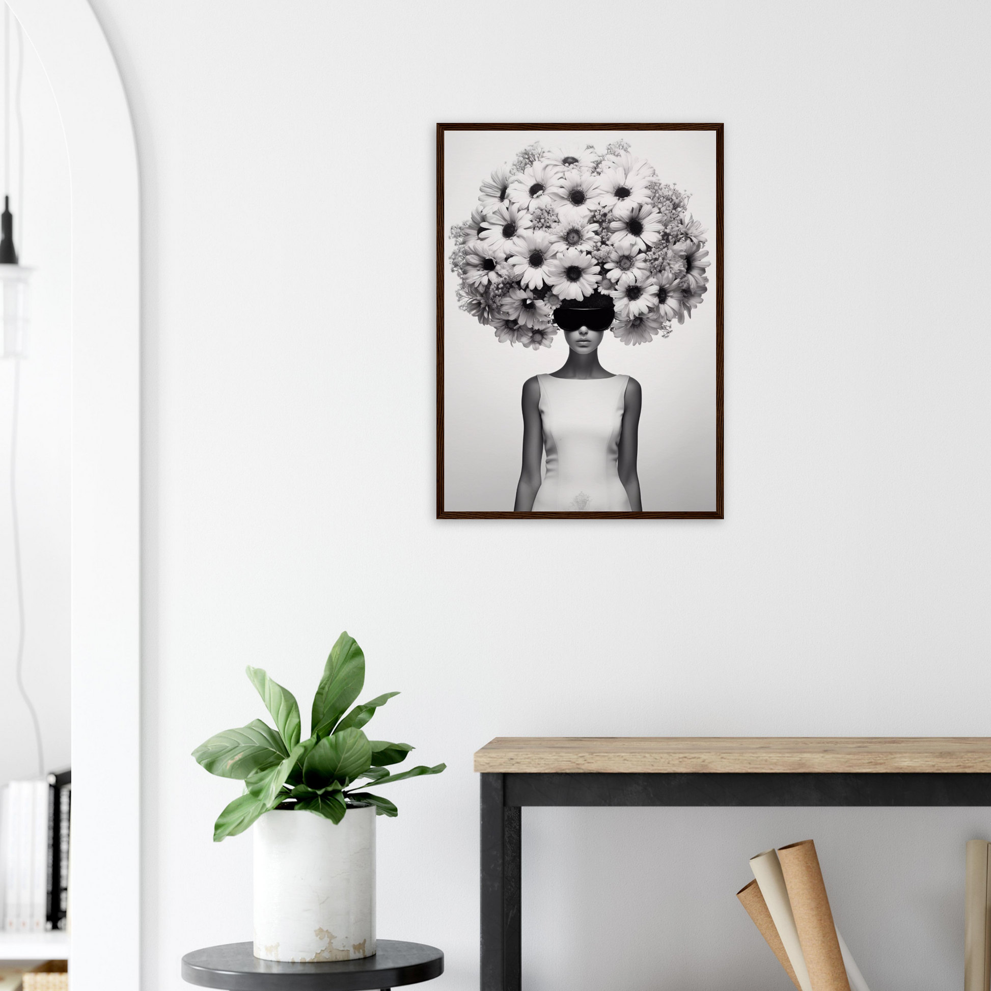 A high quality Afro Flower Power The Oracle Windows™ Collection of a woman with flowers on her head, perfect to transform your space into fashionable wall art.