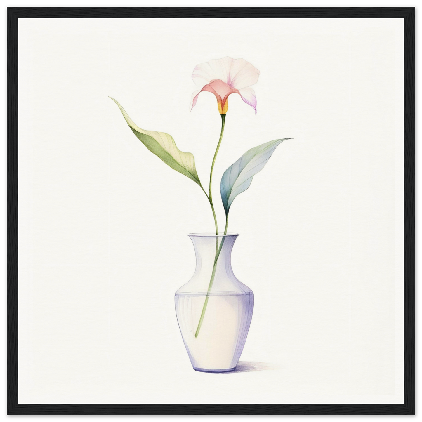 A white vase with a pink flower in it