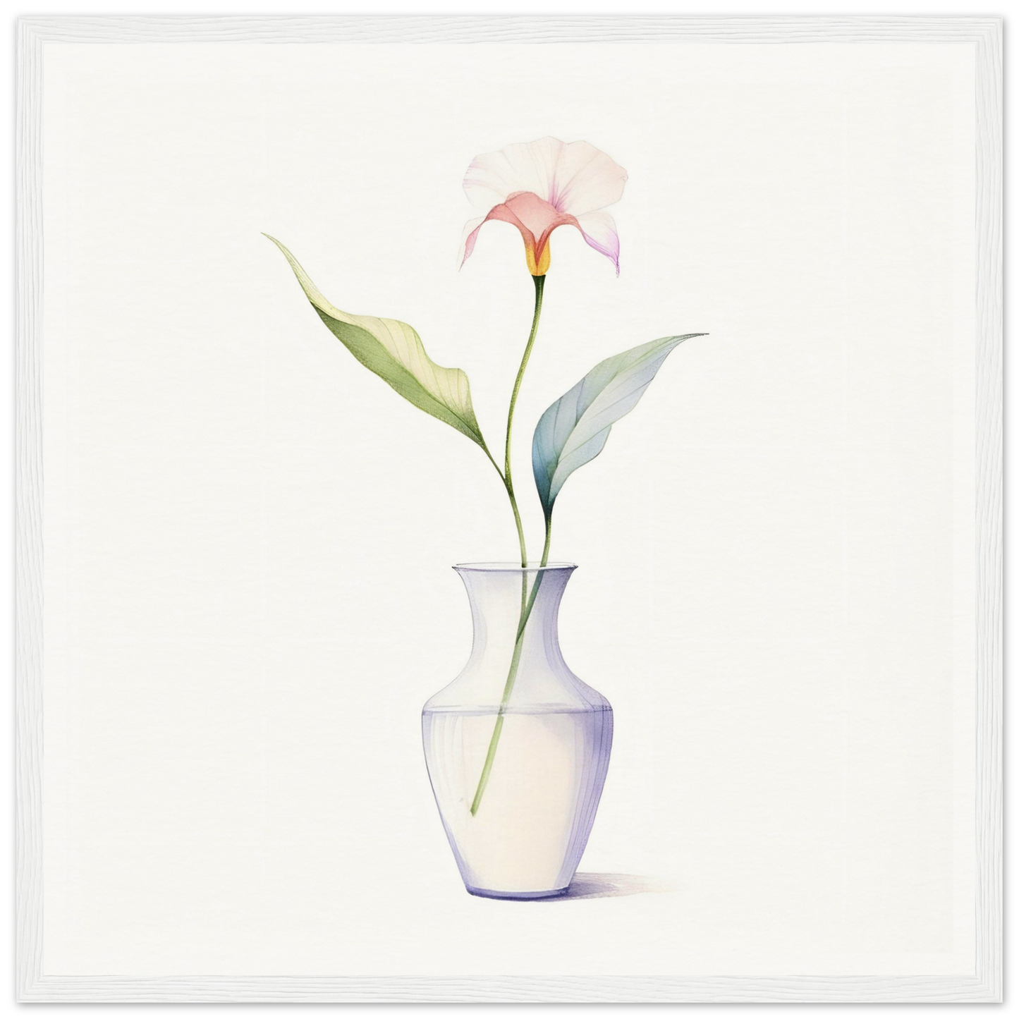 A white vase with a pink flower in it