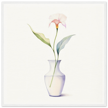 A white vase with a pink flower in it