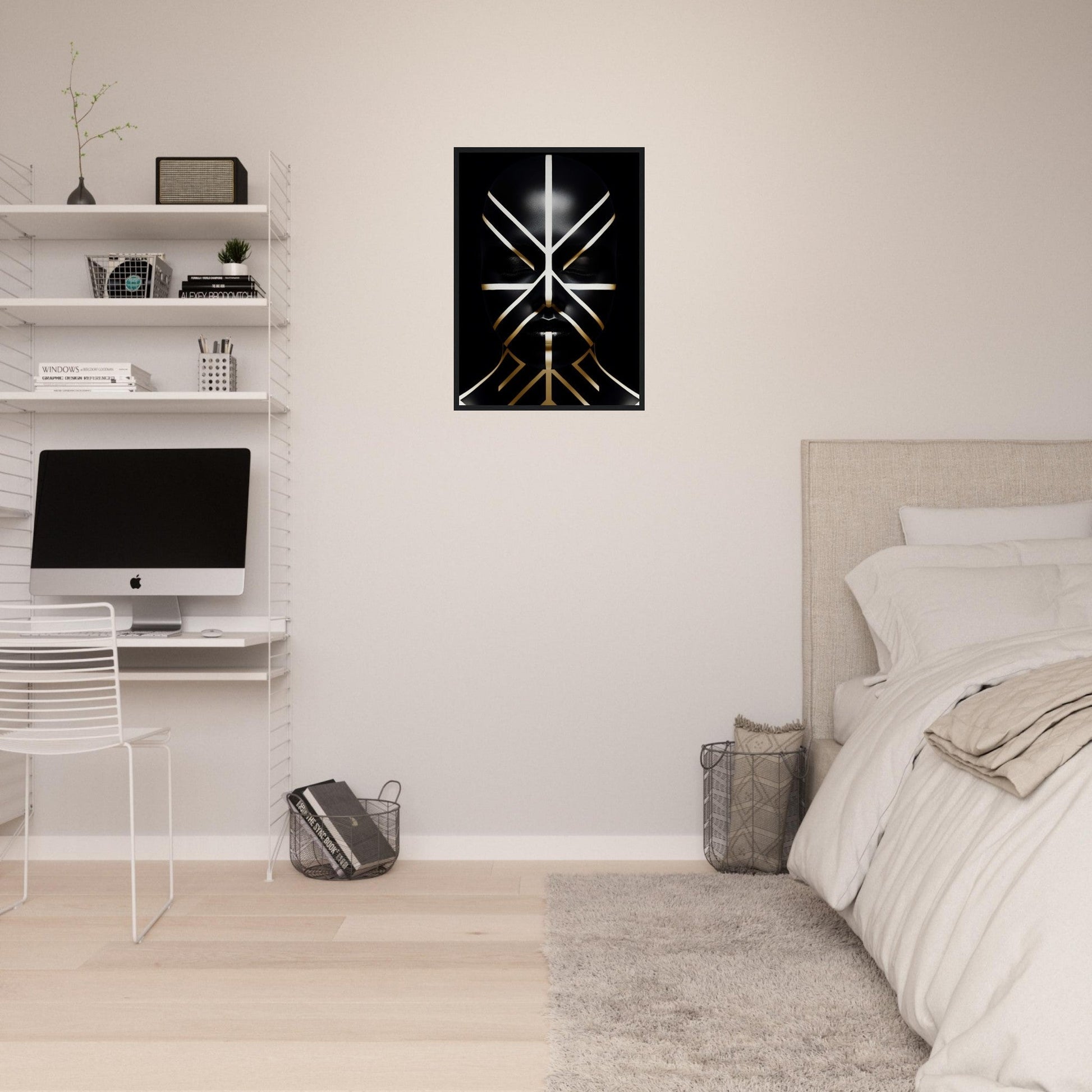 Modern minimalist bedroom with white walls, floating shelves, and a striking black abstract art piece.