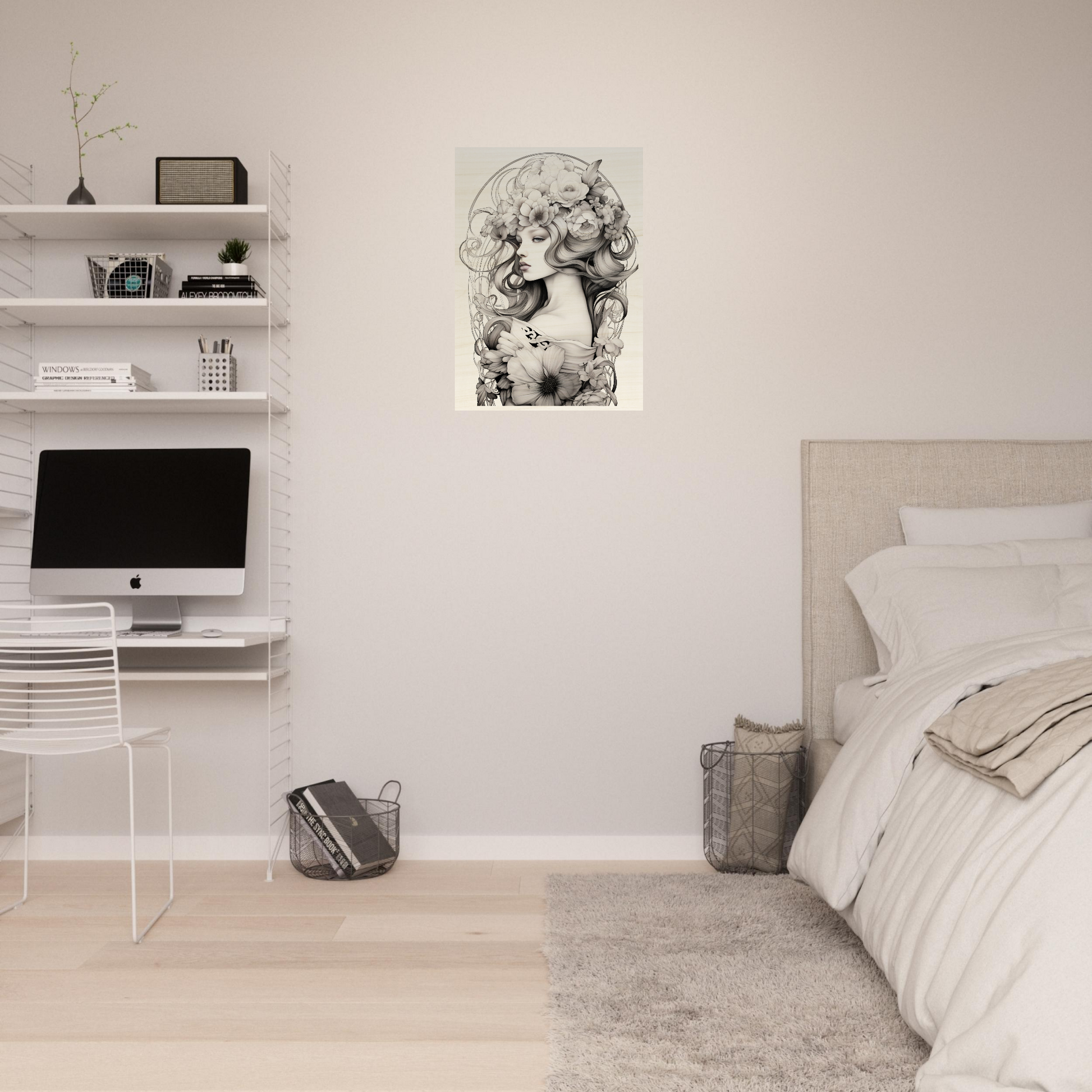 Minimalist bedroom with white walls, floating shelves, and a computer workstation.