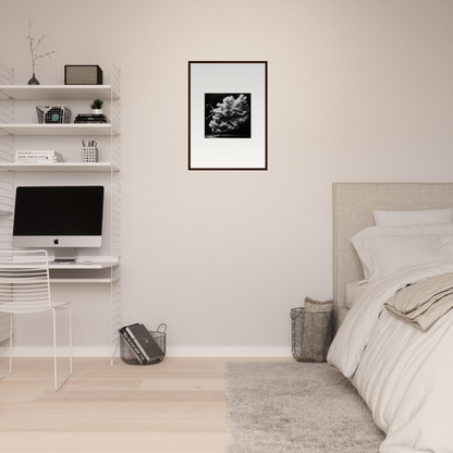 Minimalist bedroom with white walls, floating shelves, and a bed.