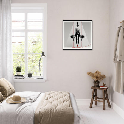 A woman in a black dress with a red hat and a white shirt on a bed