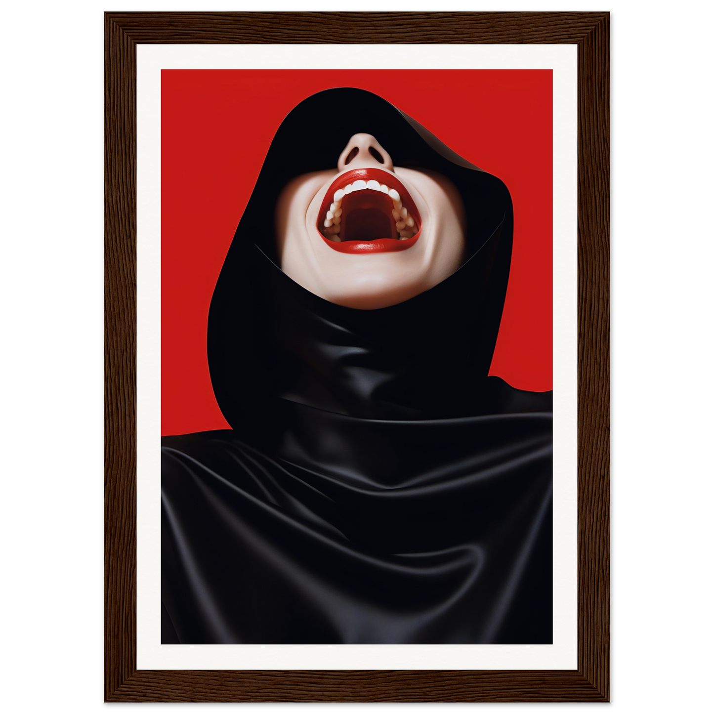 A woman in a black hoodie with red lips