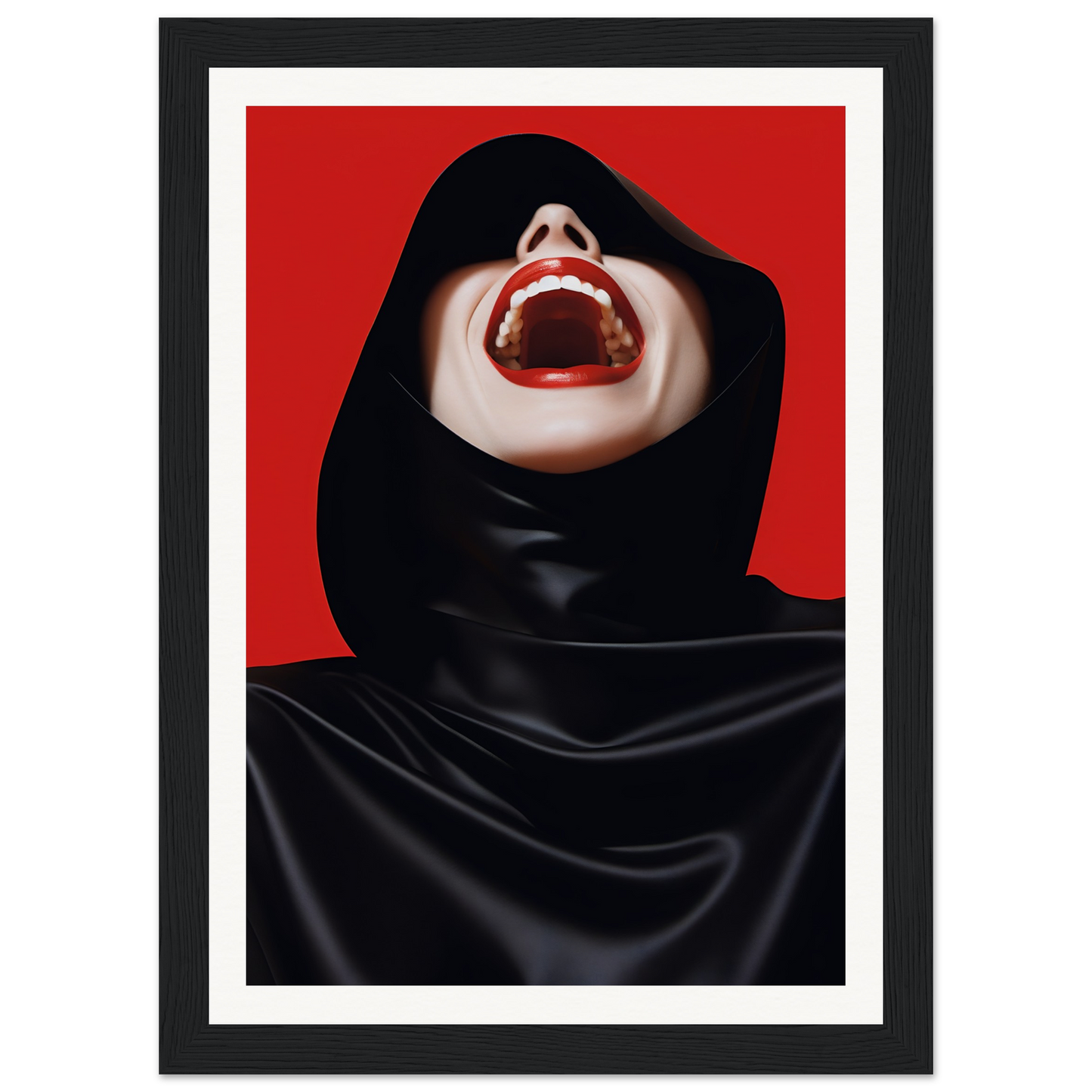 A woman in a black hoodie with red lips and a red background