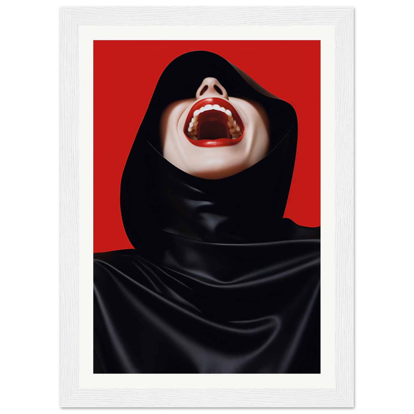 A woman in a black hoodie with red lips