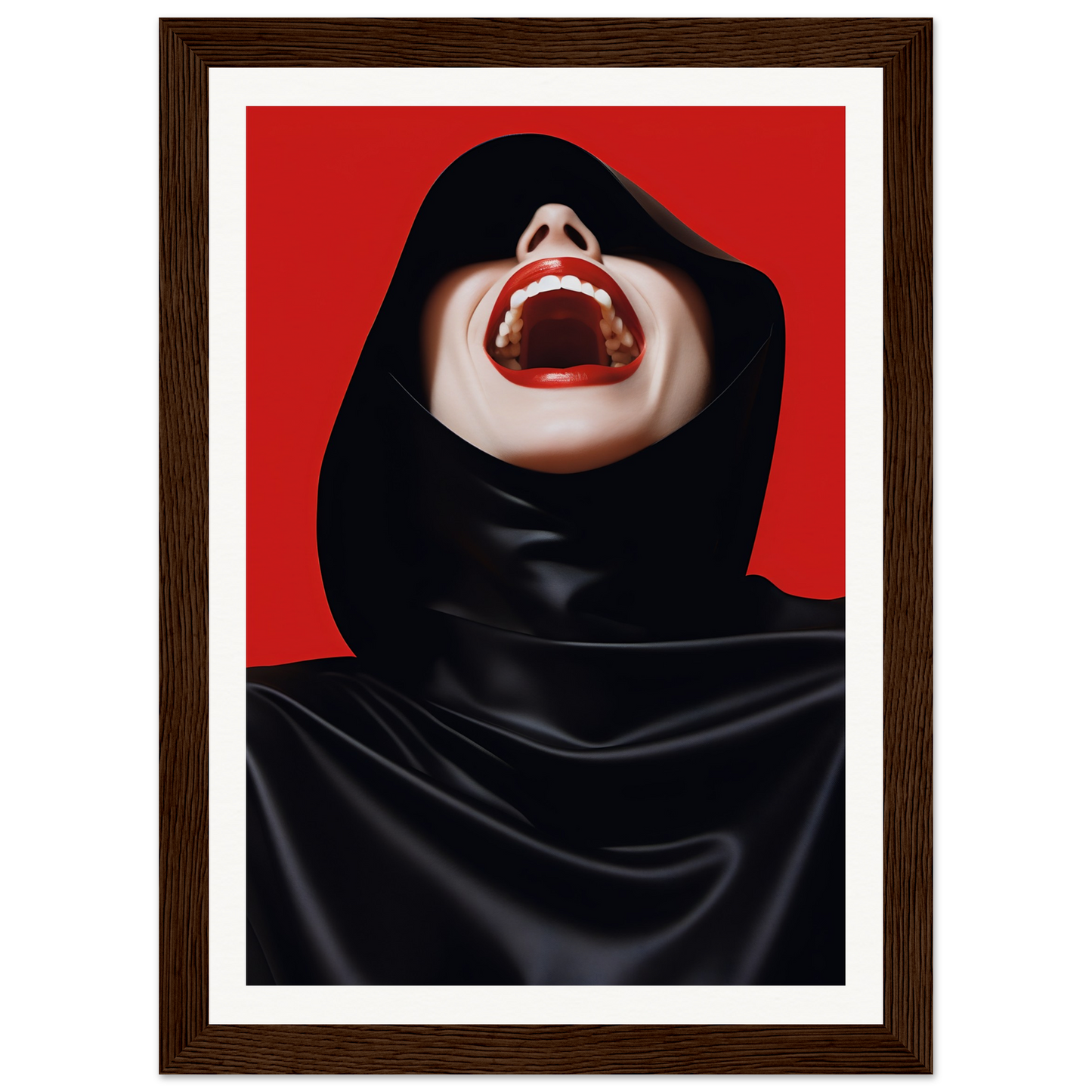 A woman with black hood and red lipstick, perfect for The Sky Made Me Laugh The Oracle Windows™ Collection wall art or a poster for my wall.