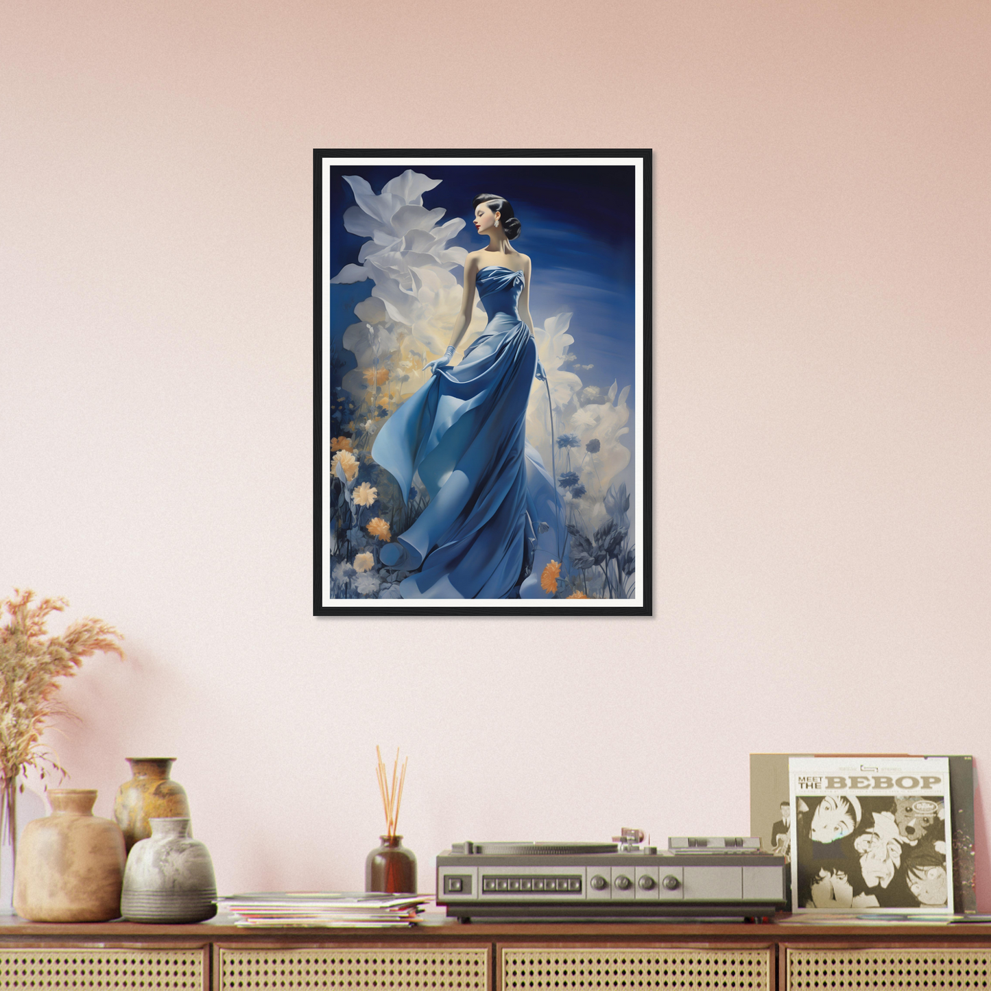 A woman in a blue dress with flowers on her head framed art print